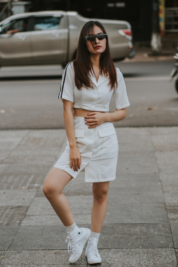 Model posing wearing merchandise