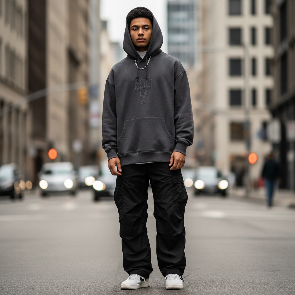 Model posing with merchandise